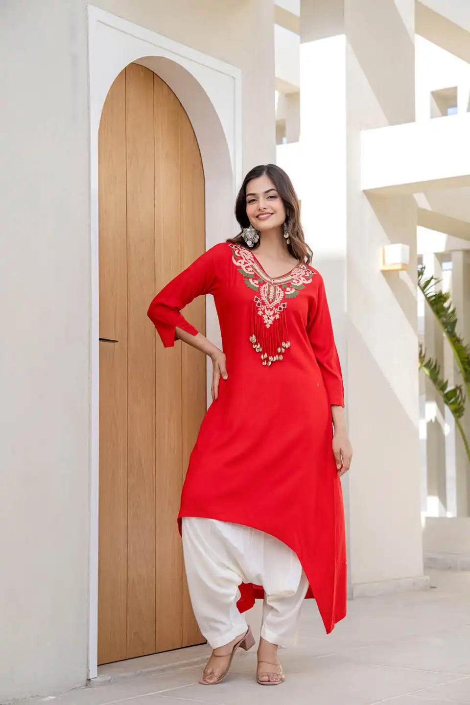 Red Embroidered Kurta Set with Dhoti Pants