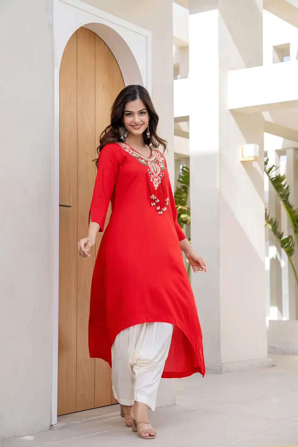 Red Embroidered Kurta Set with Dhoti Pants