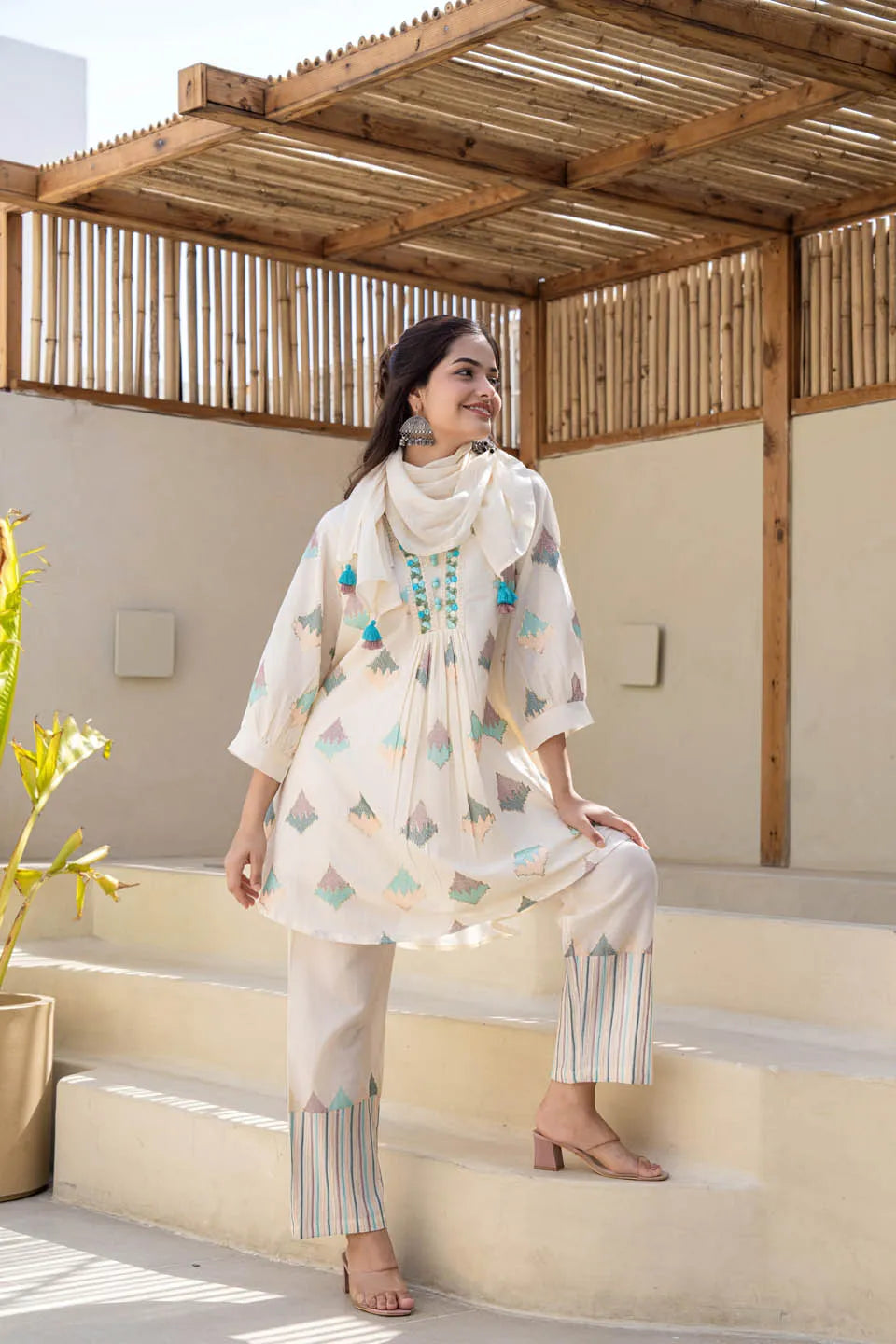 Pastel Geometric Printed A-Line Kurta Set with Embroidered Detailing & Dupatta