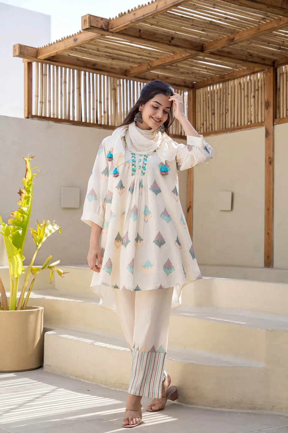 Pastel Geometric Printed A-Line Kurta Set with Embroidered Detailing & Dupatta