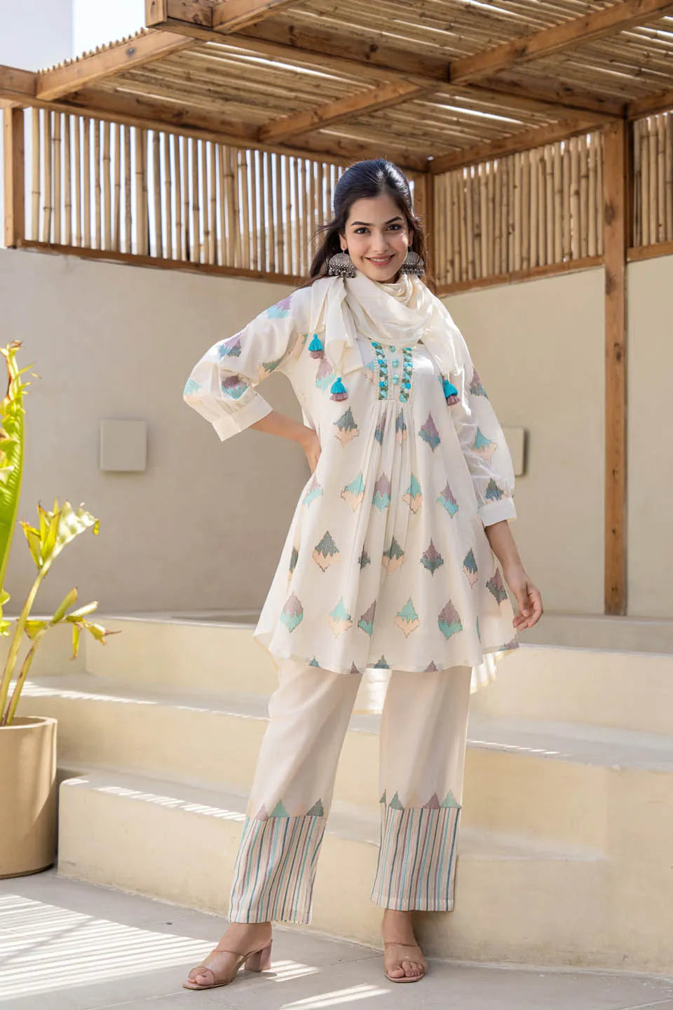 Pastel Geometric Printed A-Line Kurta Set with Embroidered Detailing & Dupatta