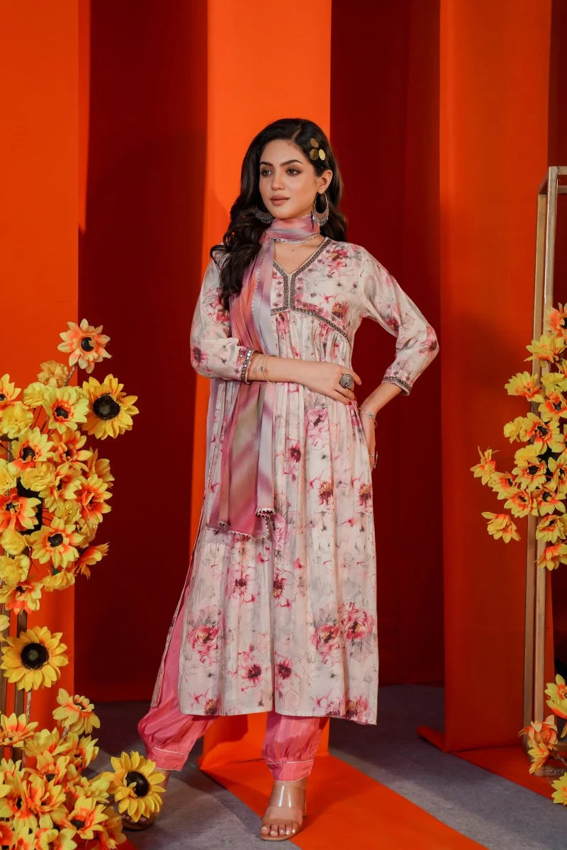 pink flower rush kurta set