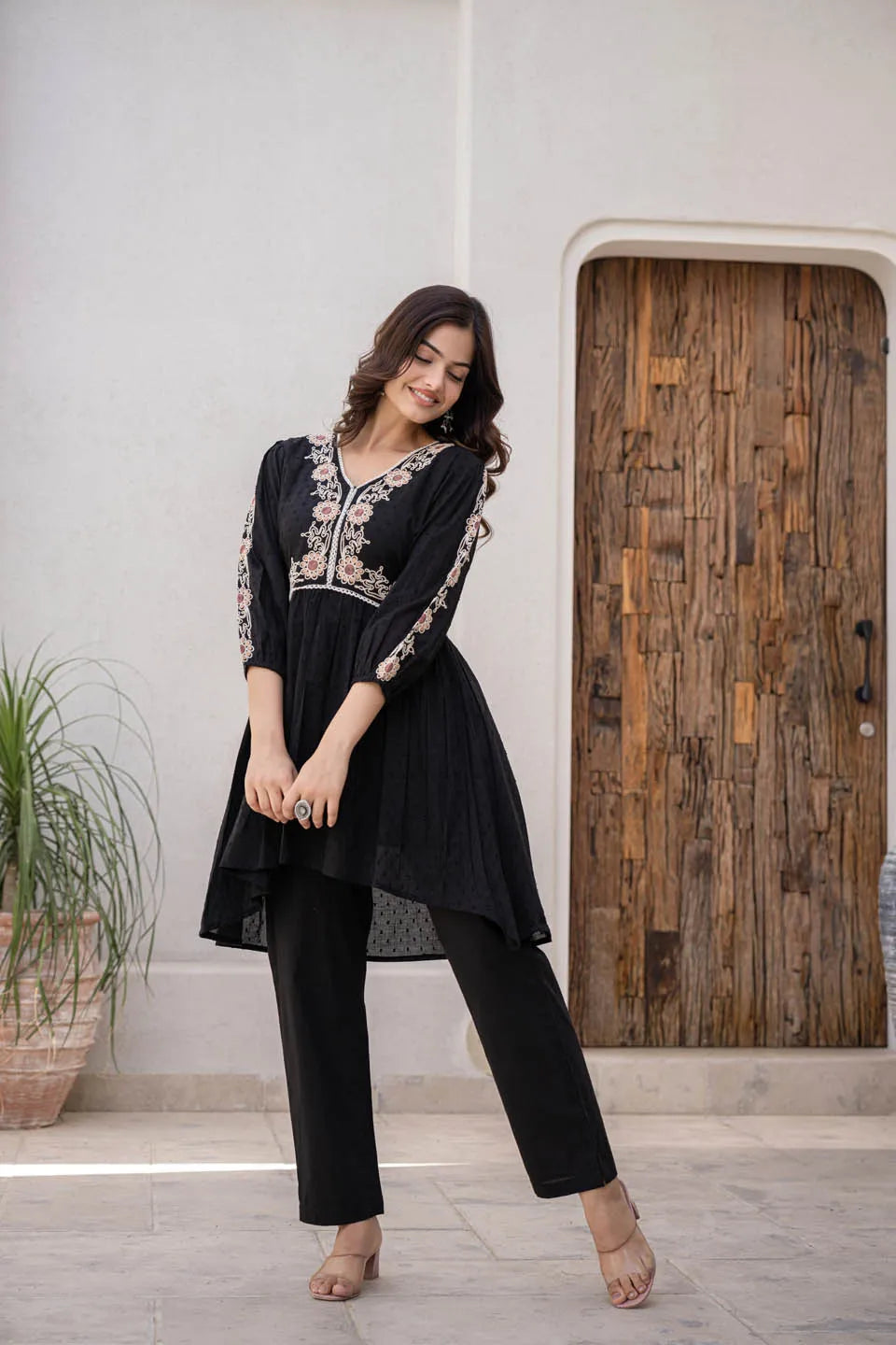 floral embroidered pure cotton straight kurti with trousers 1