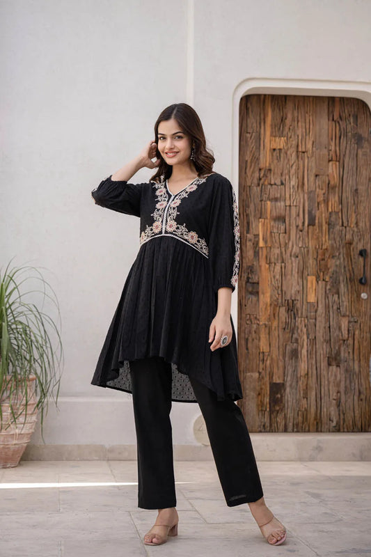 floral embroidered pure cotton straight kurti with trousers 1