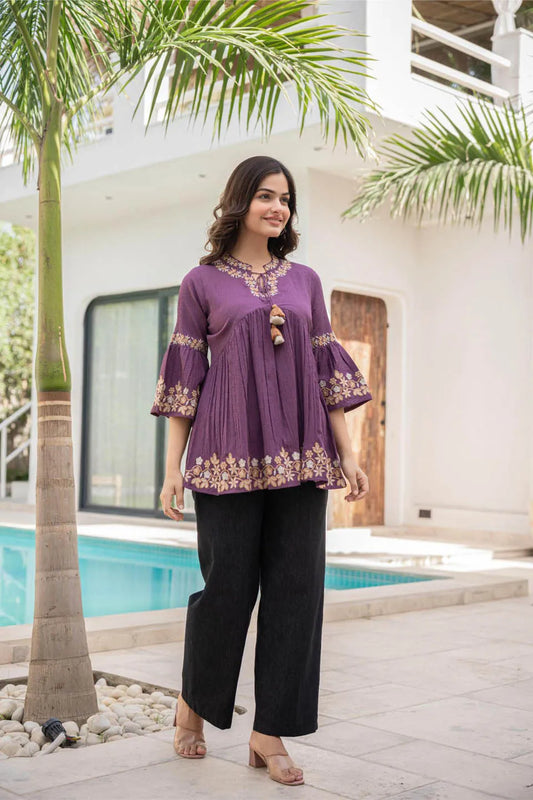 womens top in reyon with embroidery work purple red colour