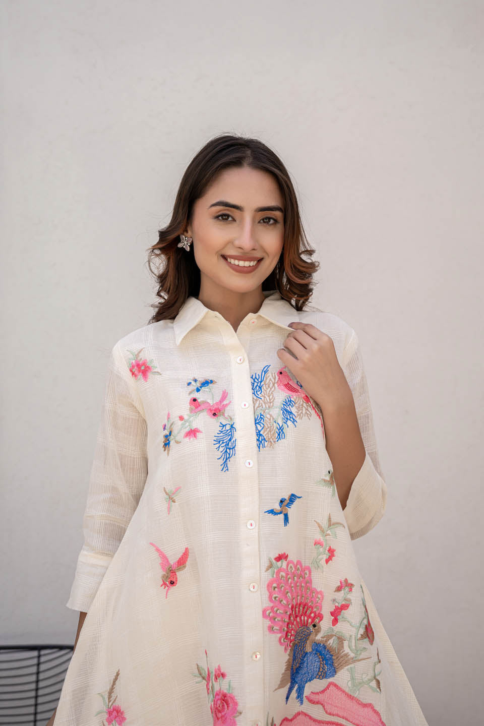 off-white high low brush paint kurta with bird and floral motifs coordinated set