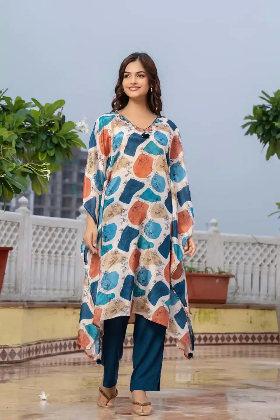 women's multicolor abstract print asymmetric coordinated set