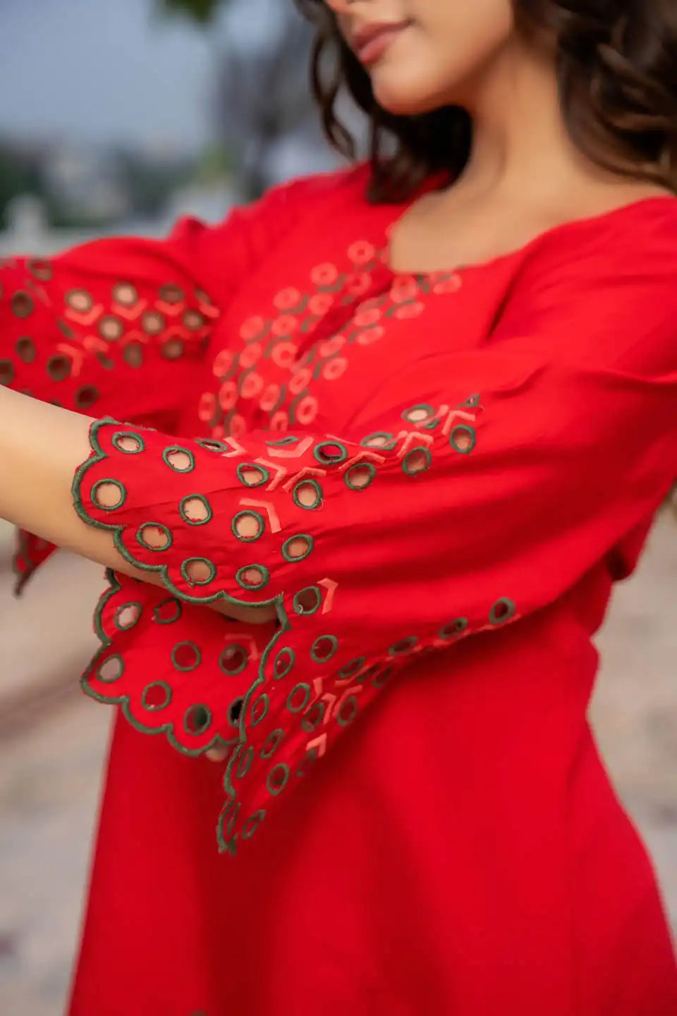 RED EMBROIDERED COORD SET WITH EYELET DETAILS