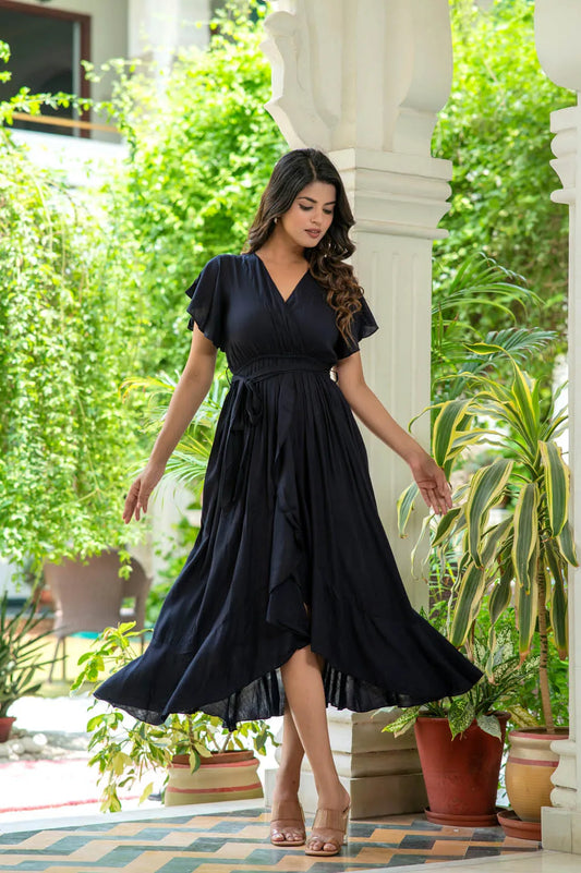 elegant black fit and flare v neck midi dress with flutter sleeves