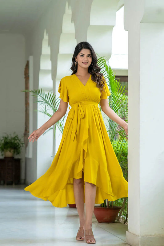 sunshine yellow fit and flare v neck midi dress with flutter sleeves