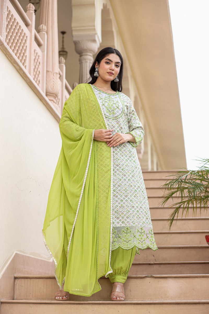 single tone cotton schiffli kurti set