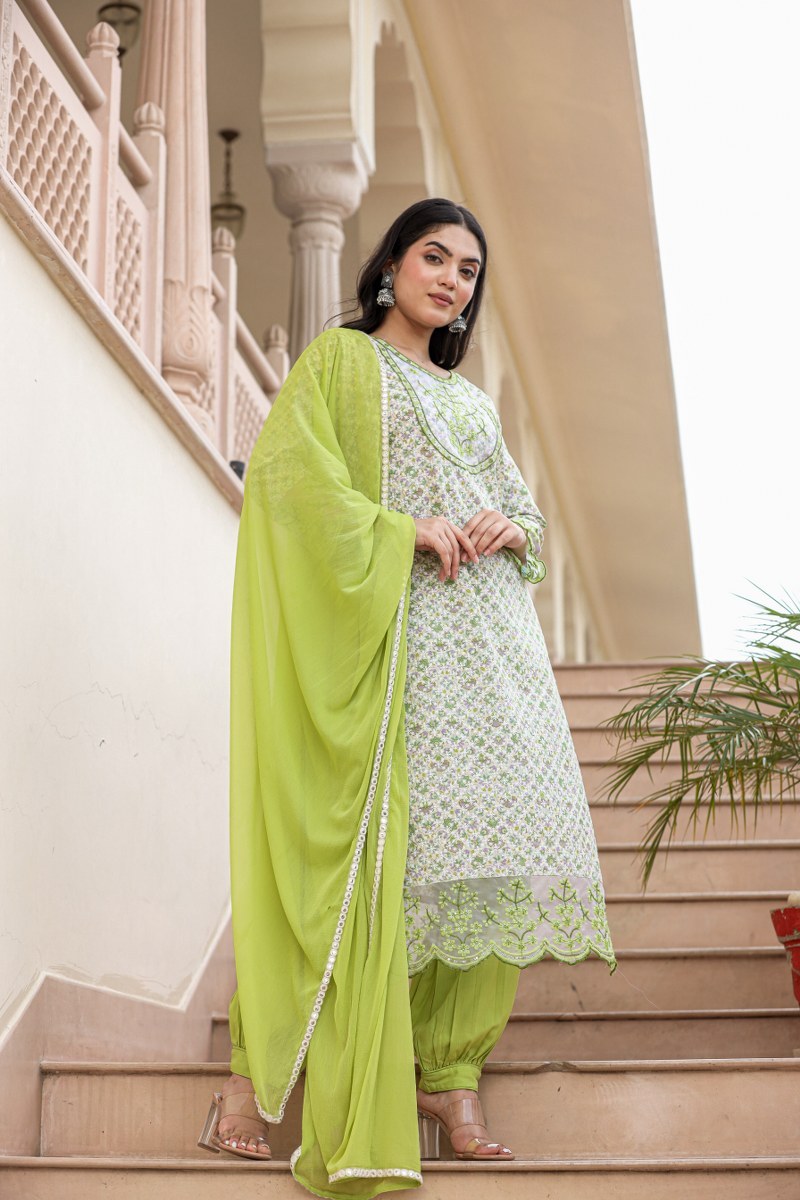 single tone cotton schiffli kurti set